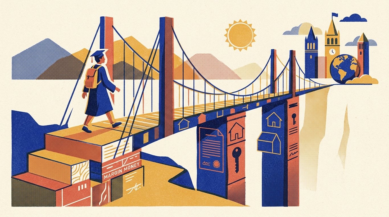 Contemporary risograph editorial illustration of aspiring scholar crossing bridge to global university supported by property collateral pillars and margin savings