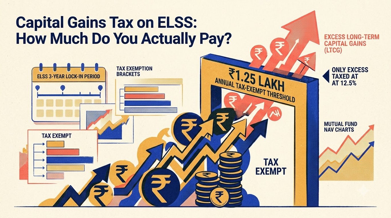 Contemporary risograph editorial illustration of ELSS mutual fund harvest passing through 1.25 Lakh tax-free threshold gate