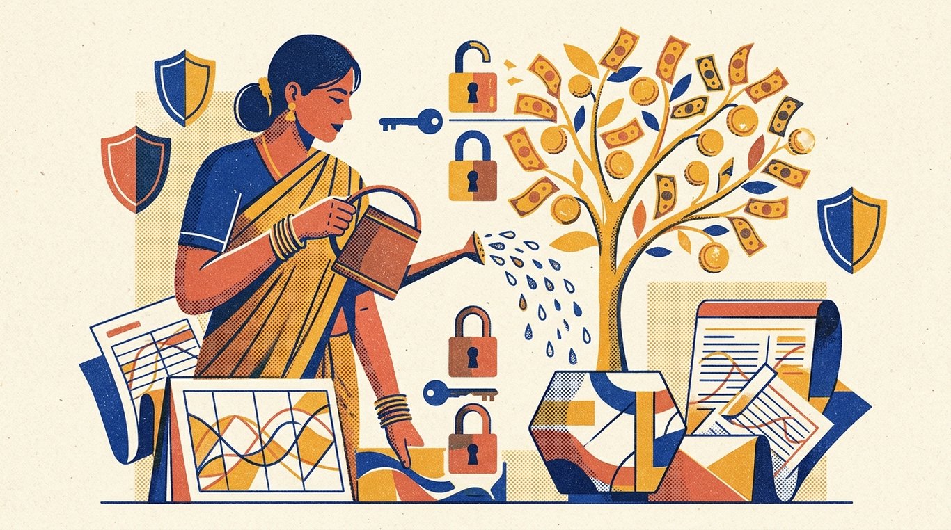 Contemporary risograph editorial illustration of Indian homemaker cultivating compounding financial nest egg alongside domestic balance sheet