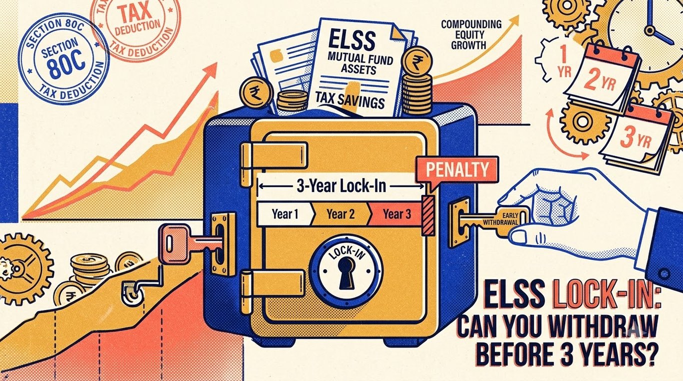Contemporary risograph editorial illustration of 3-year lock-in padlock on ELSS tax fund with timeline milestone barrier