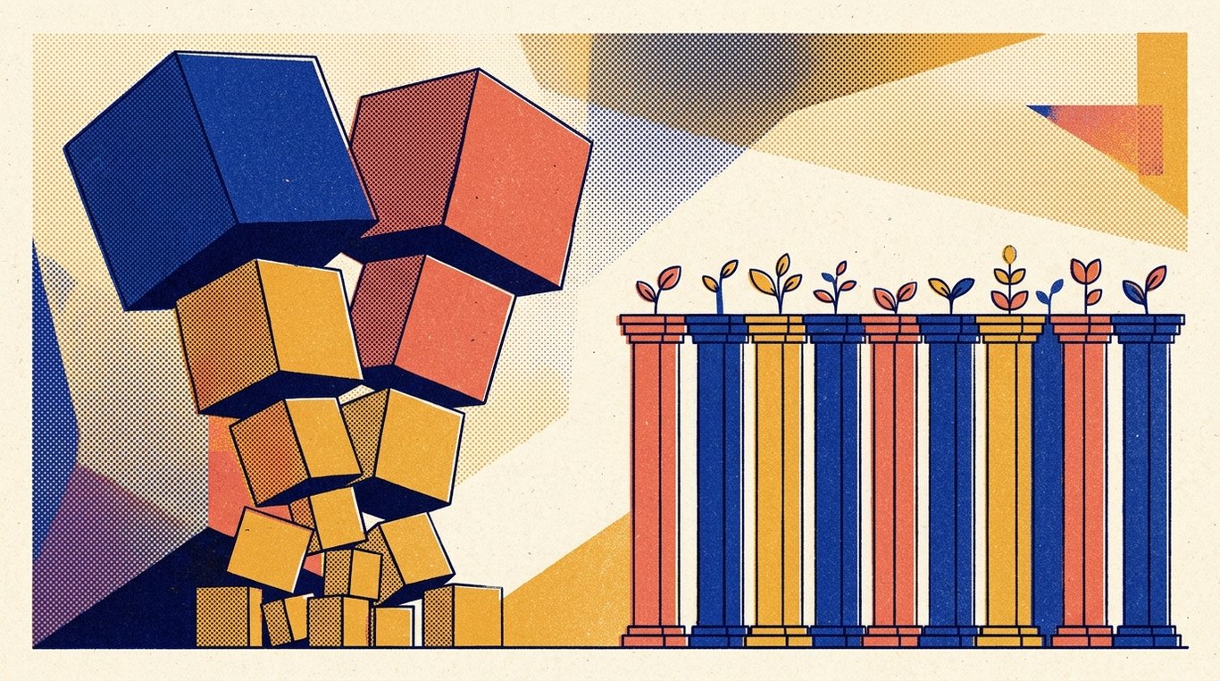 Contemporary risograph editorial illustration of fifty identical balanced pedestals contrasting with top-heavy market-cap weighted pyramid