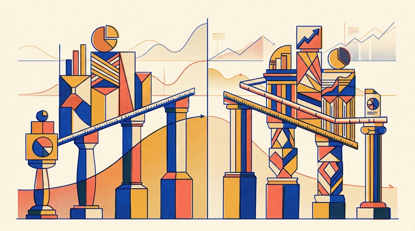 Contemporary risograph editorial illustration of harmonious architectural colonnade of balanced geometric pedestals and calibrated index rails supporting diverse enterprise sectors in equilibrium for 'ETF vs Mutual Fund: Which is Better for Long-Term Wealth?'