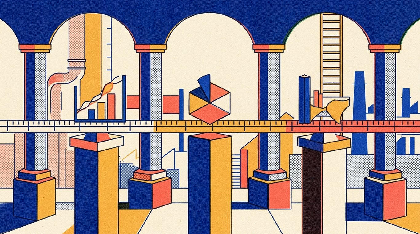 Contemporary risograph editorial illustration of harmonious architectural colonnade of balanced geometric pedestals and calibrated index rails supporting diverse enterprise sectors in equilibrium for 'ETFs in India: The Complete Guide to Low-Cost Index Investing'