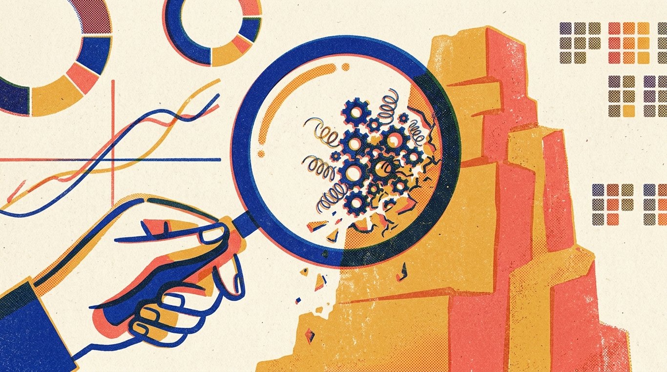 Contemporary risograph editorial illustration of magnifying glass revealing tiny, continuous friction gears and commission fee shavings slowly eroding a towering block of compounding capital over decades for 'Expense Ratio Explained: The Silent Killer of Mutual Fund Returns'