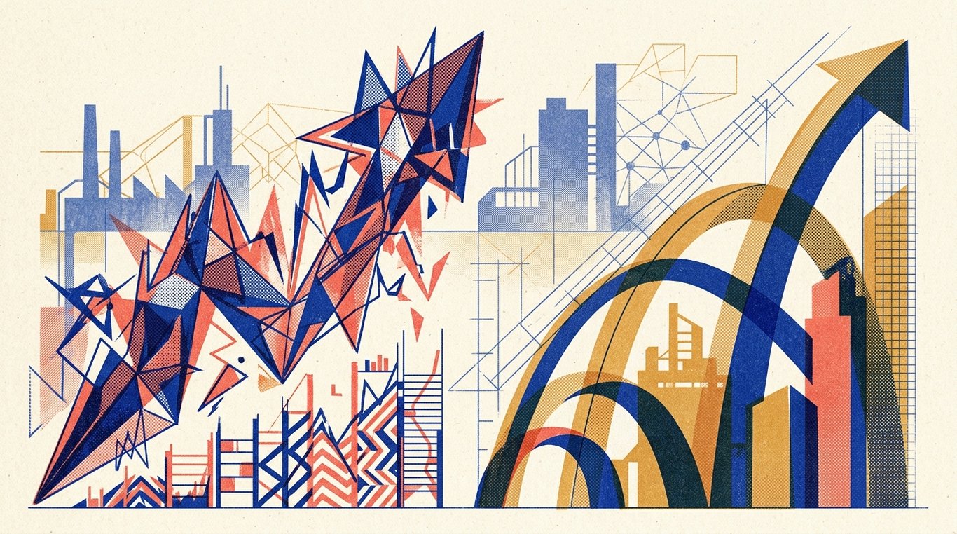 Contemporary risograph editorial illustration of ascending geometric trajectory arches and soaring enterprise silhouettes climbing alongside precision analytical drafting lines for 'F&O vs Long-Term Investing: A Tale of Two Mindsets'