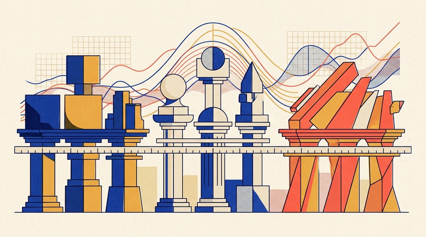 Contemporary risograph editorial illustration of harmonious architectural colonnade of balanced geometric pedestals and calibrated index rails supporting diverse enterprise sectors in equilibrium for 'Factor ETFs (Smart Beta): Quality, Value, and Momentum Explained'