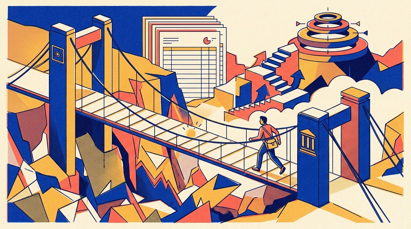 Contemporary risograph editorial illustration of architectural suspension bridge supported by solid collateral pillars, enabling an aspiring individual to cross safely over financial canyons toward long-term goals for 'Fixed vs Floating Home Loan Interest Rates: How to Choose'