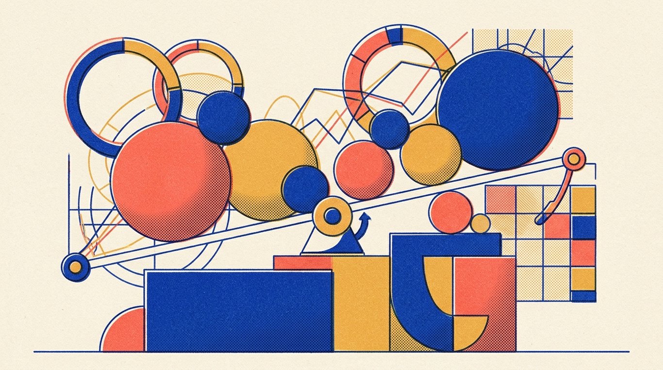 Contemporary risograph editorial illustration of balanced geometric structure of equity growth spheres and foundational debt blocks maintained in equilibrium by dynamic allocation levers for 'Flexi-Cap Funds as a Single-Fund Portfolio: What to Weigh'