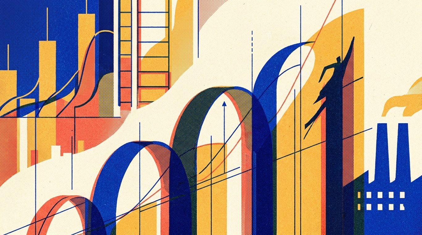 Contemporary risograph editorial illustration of ascending geometric trajectory arches and soaring enterprise silhouettes climbing alongside precision analytical drafting lines for 'Free Cash Flow (FCF): Why 'Cash is King' in the Stock Market'