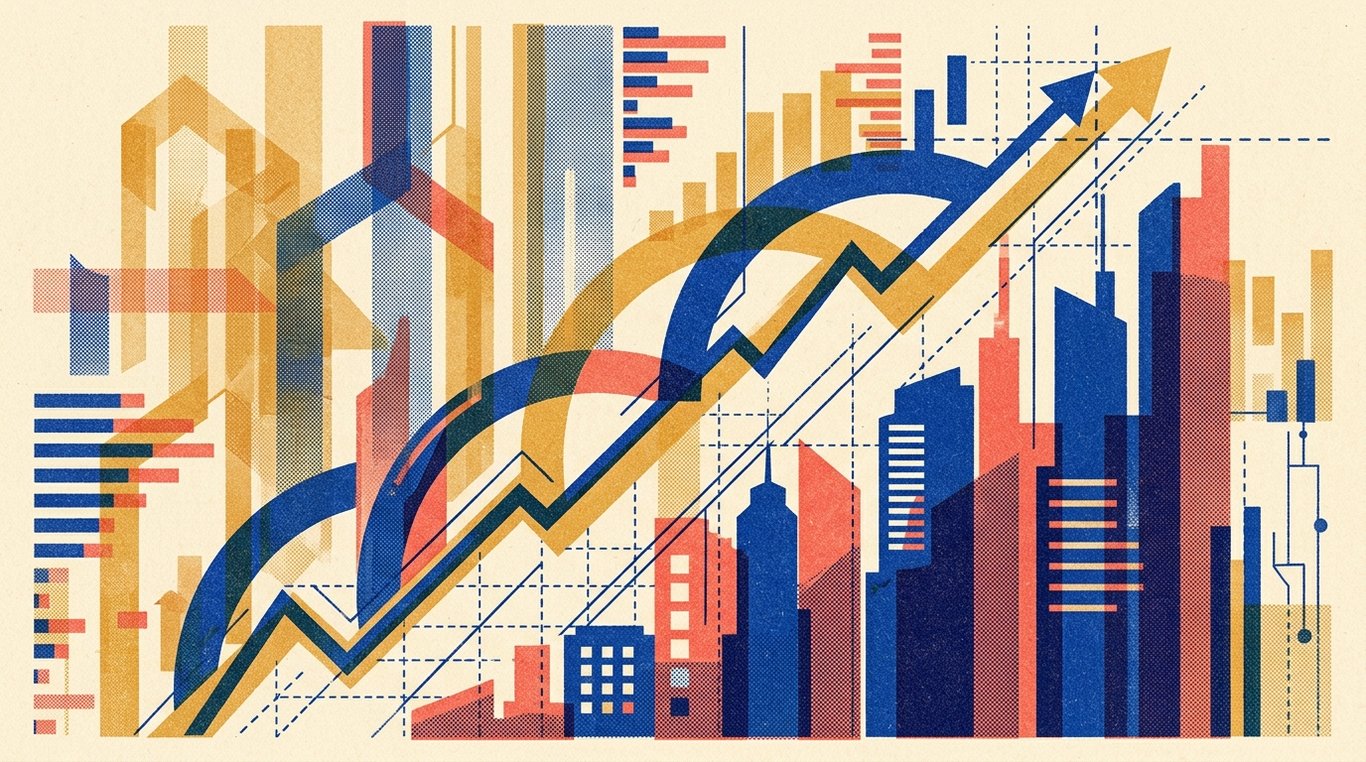 Contemporary risograph editorial illustration of ascending geometric trajectory arches and soaring enterprise silhouettes climbing alongside precision analytical drafting lines for 'Free Stock Screener and Financial Data Websites in India'