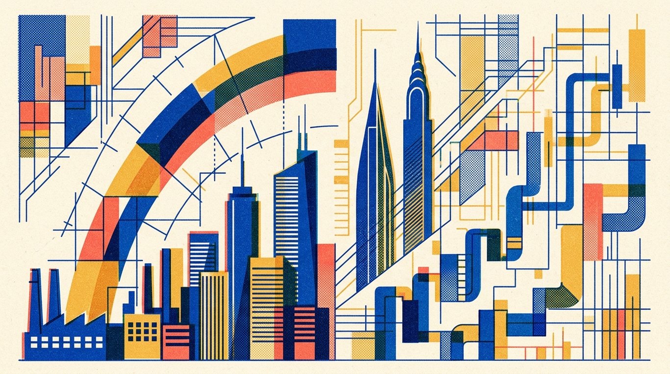 Contemporary risograph editorial illustration of ascending geometric trajectory arches and soaring enterprise silhouettes climbing alongside precision analytical drafting lines for 'Full-Service Brokers vs Discount Brokers (Zerodha/Groww): Which to Choose?'