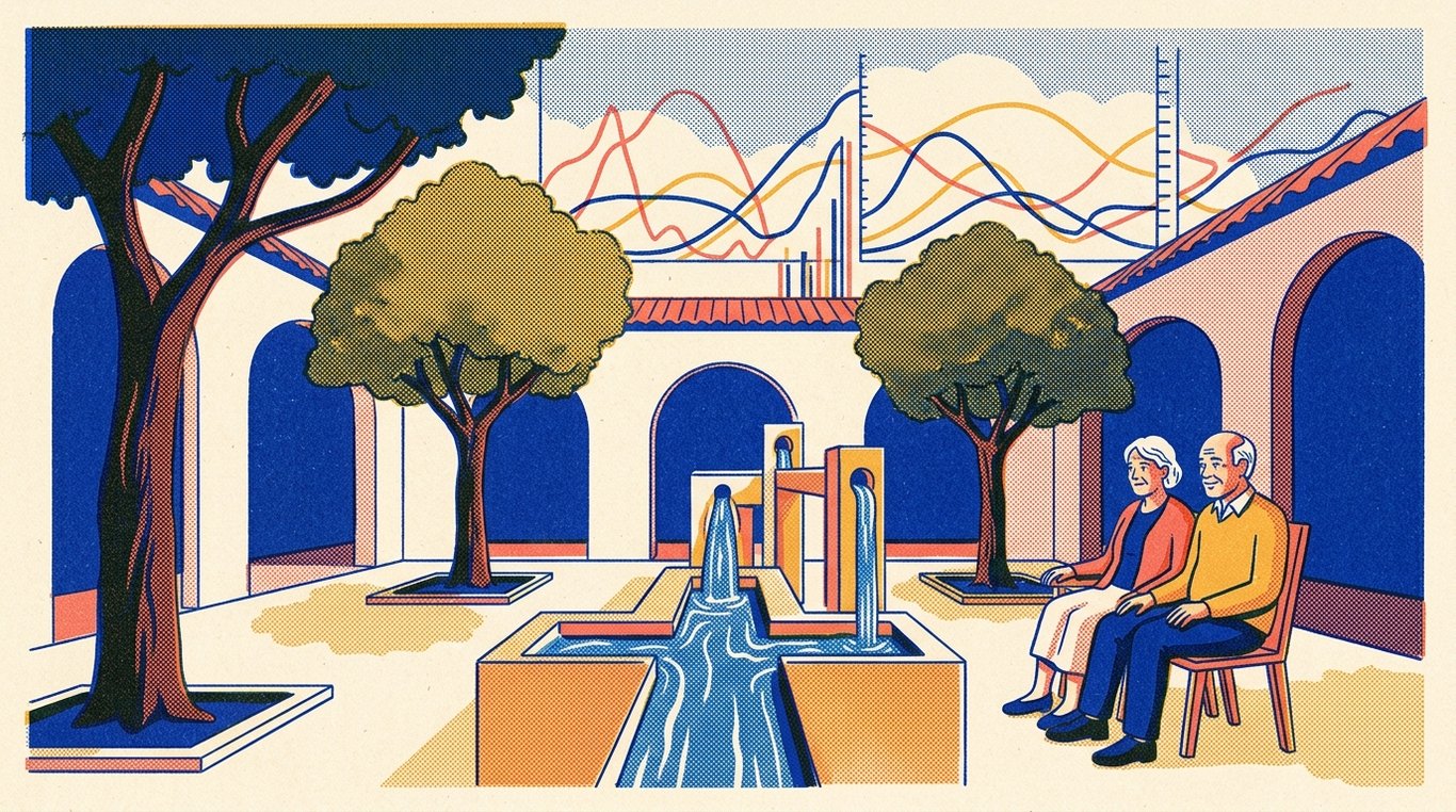 Contemporary risograph editorial illustration of serene architectural courtyard with sturdy shade trees and a rhythmic, reliable monthly pension aqueduct filling an elderly couple's personal reservoir for 'G-Secs vs Fixed Deposits: Which is Safer for Your Retirement?'