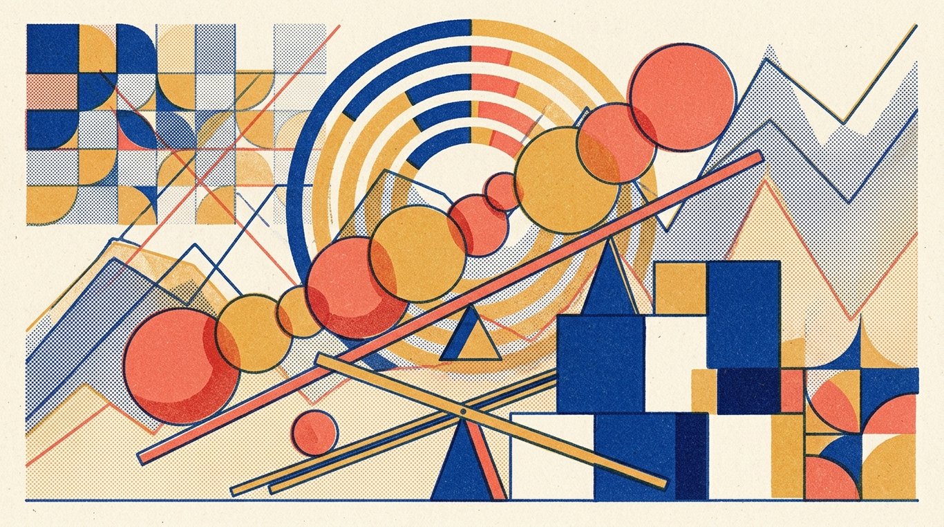 Contemporary risograph editorial illustration of balanced geometric structure of equity growth spheres and foundational debt blocks maintained in equilibrium by dynamic allocation levers for 'Gilt Funds: Why Government Backing Doesn't Mean 'Zero Risk''