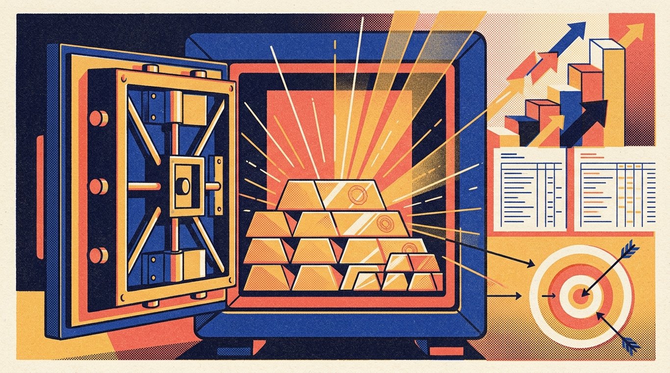 Contemporary risograph editorial illustration of polished geometric bullion bars and sovereign seal ingots resting safely inside a reinforced bank vault safe, emitting warm luminescent financial security rays for 'Gold as a Hedge: How Much Should You Actually Own?'