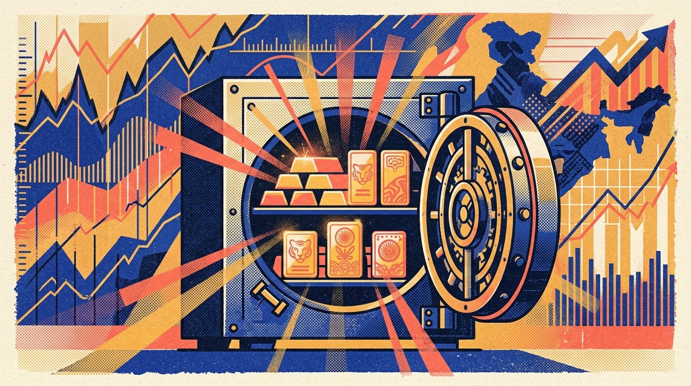 Contemporary risograph editorial illustration of polished geometric bullion bars and sovereign seal ingots resting safely inside a reinforced bank vault safe, emitting warm luminescent financial security rays for 'Gold ETFs in India, Ranked by Liquidity and AUM'