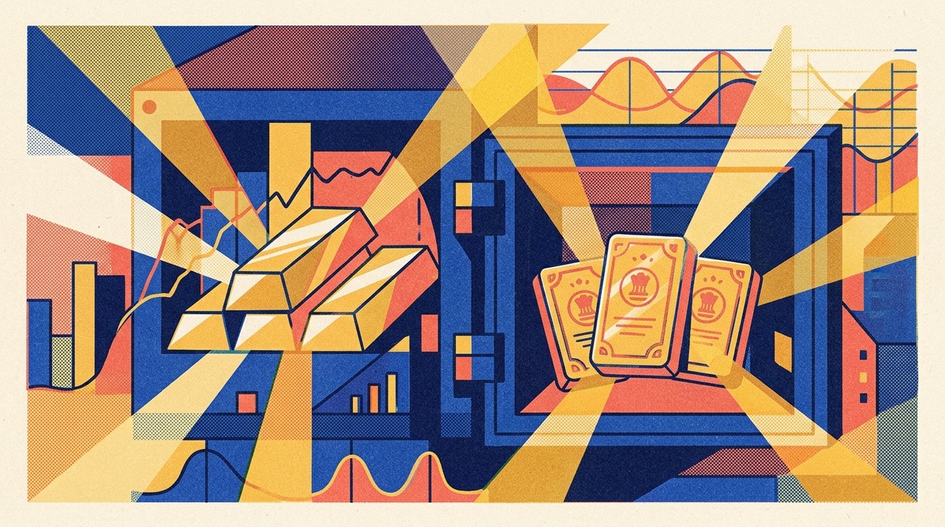 Contemporary risograph editorial illustration of polished geometric bullion bars and sovereign seal ingots resting safely inside a reinforced bank vault safe, emitting warm luminescent financial security rays for 'Gold ETFs vs Sovereign Gold Bonds (SGBs): Which is Better?'