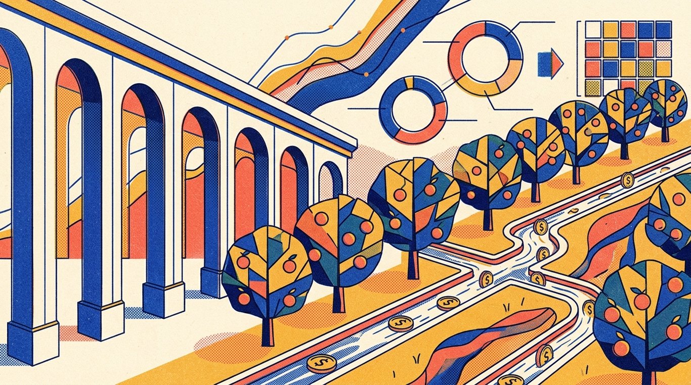 Contemporary risograph editorial illustration of majestic architectural corporate colonnades and a flourishing geometric orchard with automated irrigation canals delivering golden cash flow tokens for 'Growth vs IDCW (Dividend) Options: Which One Should You Choose?'