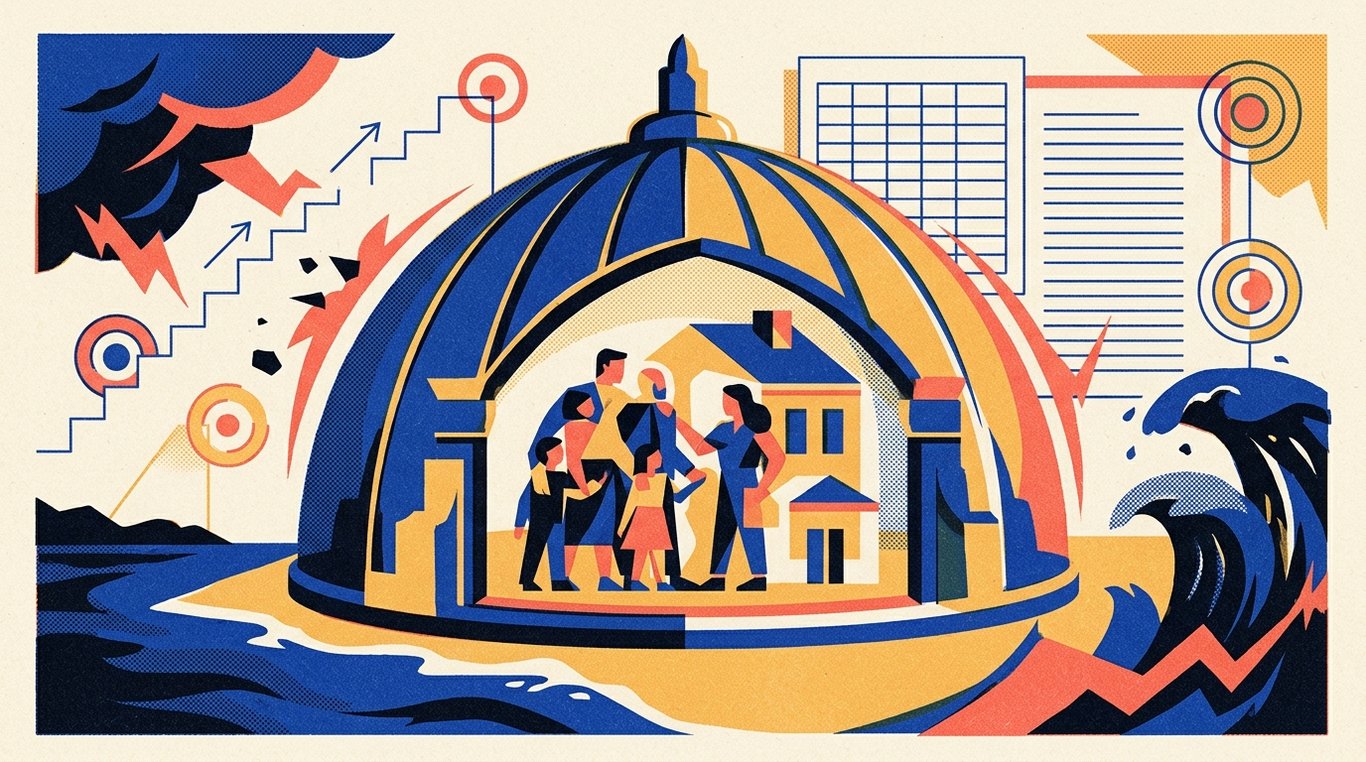 Contemporary risograph editorial illustration of imposing, fortified architectural dome shield sheltering a family sanctuary and financial foundation against storm waves and sudden external turbulence for 'Health Insurance for Parents: Why Waiting Periods Matter'
