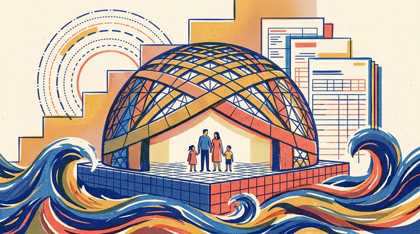 Contemporary risograph editorial illustration of imposing, fortified architectural dome shield sheltering a family sanctuary and financial foundation against storm waves and sudden external turbulence for 'Health Insurance Portability in India: How to Switch Providers Without Losing Benefits'