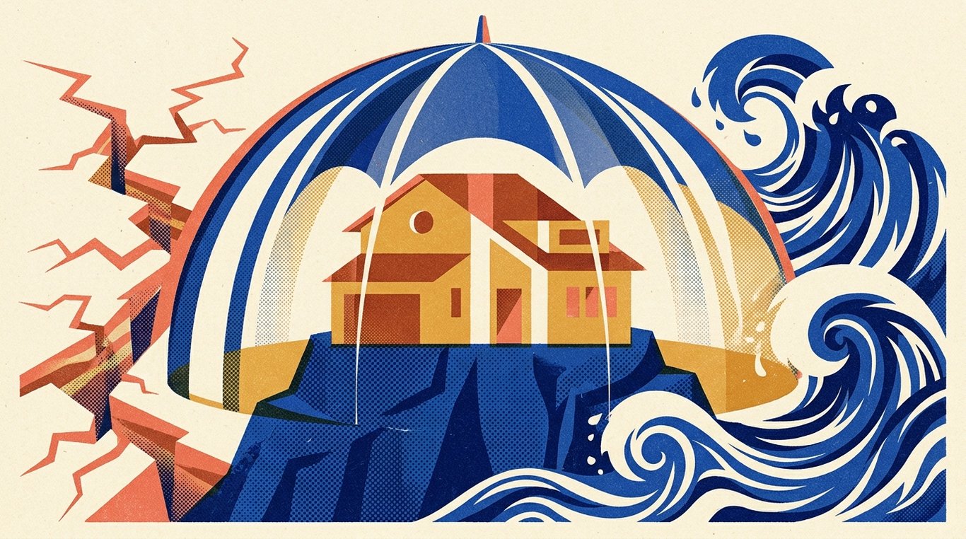 Contemporary risograph editorial illustration of fortified home sanctuary shielded from seismic fault lines and surging flood tides