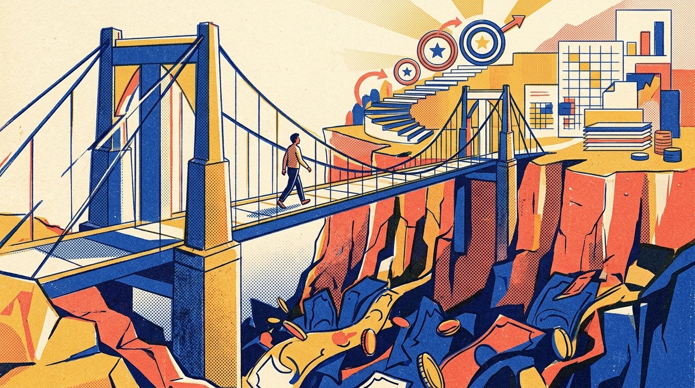 Contemporary risograph editorial illustration of architectural suspension bridge supported by solid collateral pillars, enabling an aspiring individual to cross safely over financial canyons toward long-term goals for 'Home Loan Prepayment: Should You Prepay or Invest the Surplus?'