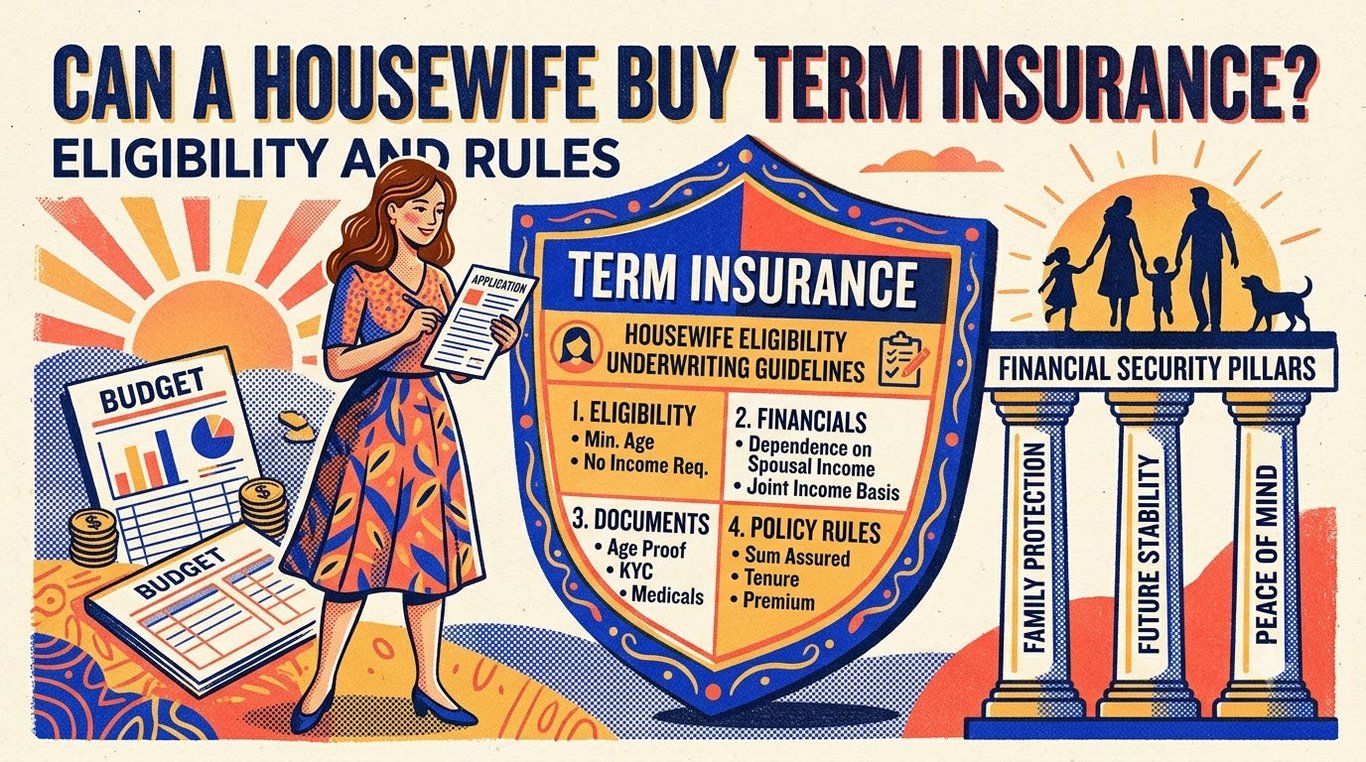 Contemporary risograph editorial illustration of homemaker figure beside protective insurance shield and underwriting guidelines