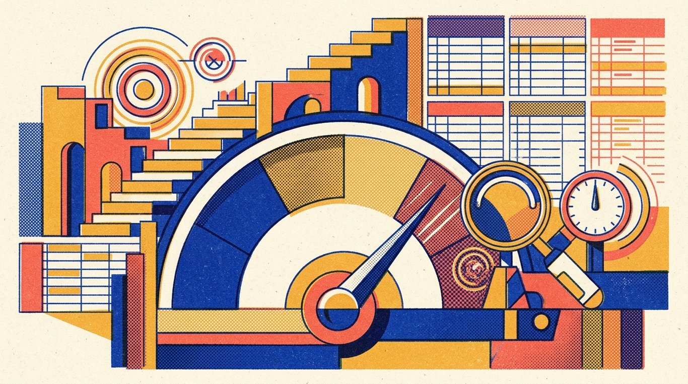 Contemporary risograph editorial illustration of stylized geometric credit score meter gauge with calibrated stability dials and clear verification magnifying instruments for 'How a Missed Credit Card Payment Affects Your CIBIL Score (And for How Long)'