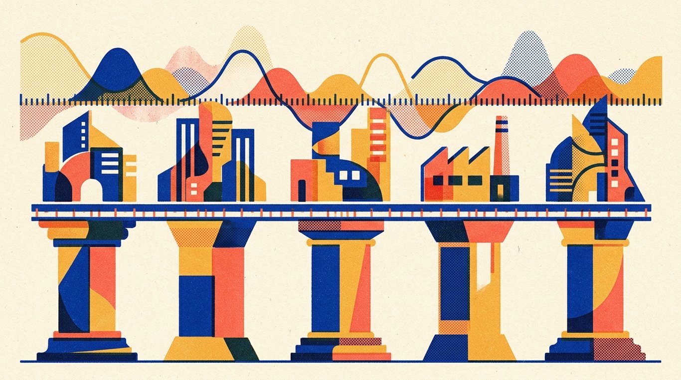 Contemporary risograph editorial illustration of harmonious architectural colonnade of balanced geometric pedestals and calibrated index rails supporting diverse enterprise sectors in equilibrium for 'How Index Funds Survive Market Crashes Better Than Active Funds'