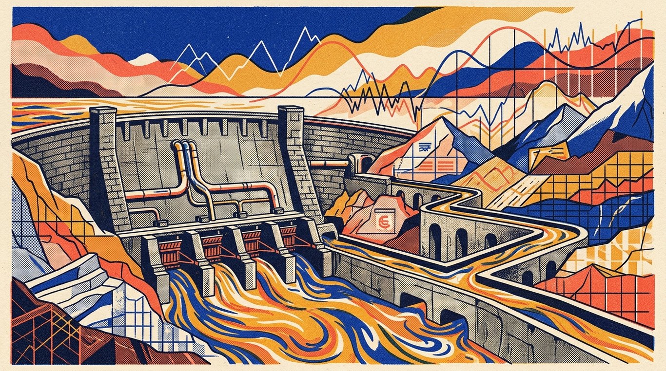 Contemporary risograph editorial illustration of monumental stone reservoir dam with calibrated sluice gates and industrial liquidity aqueducts channeling capital across fixed-income terrains for 'How Interest Rates Affect Government Bond Prices'