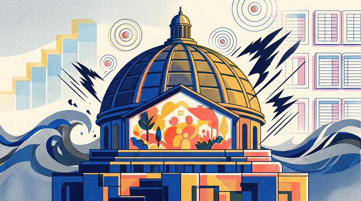 Contemporary risograph editorial illustration of imposing, fortified architectural dome shield sheltering a family sanctuary and financial foundation against storm waves and sudden external turbulence for 'How Much Term Life Cover Do I Need? A Simple Formula for Indians'