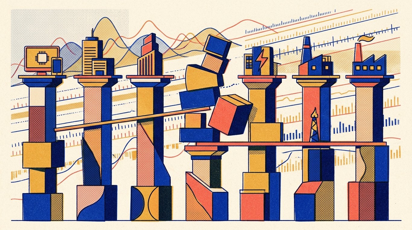 Contemporary risograph editorial illustration of harmonious architectural colonnade of balanced geometric pedestals and calibrated index rails supporting diverse enterprise sectors in equilibrium for 'How Rebalancing Works Inside a Nifty 50 Index Fund'
