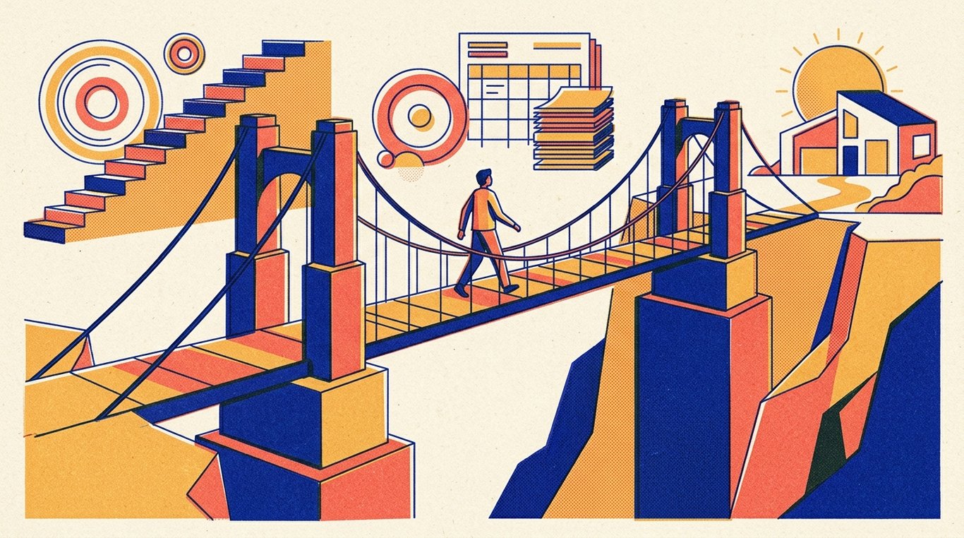 Contemporary risograph editorial illustration of architectural suspension bridge supported by solid collateral pillars, enabling an aspiring individual to cross safely over financial canyons toward long-term goals for 'How Repo Rate Hikes Affect Your Home Loan EMI (And What to Do)'