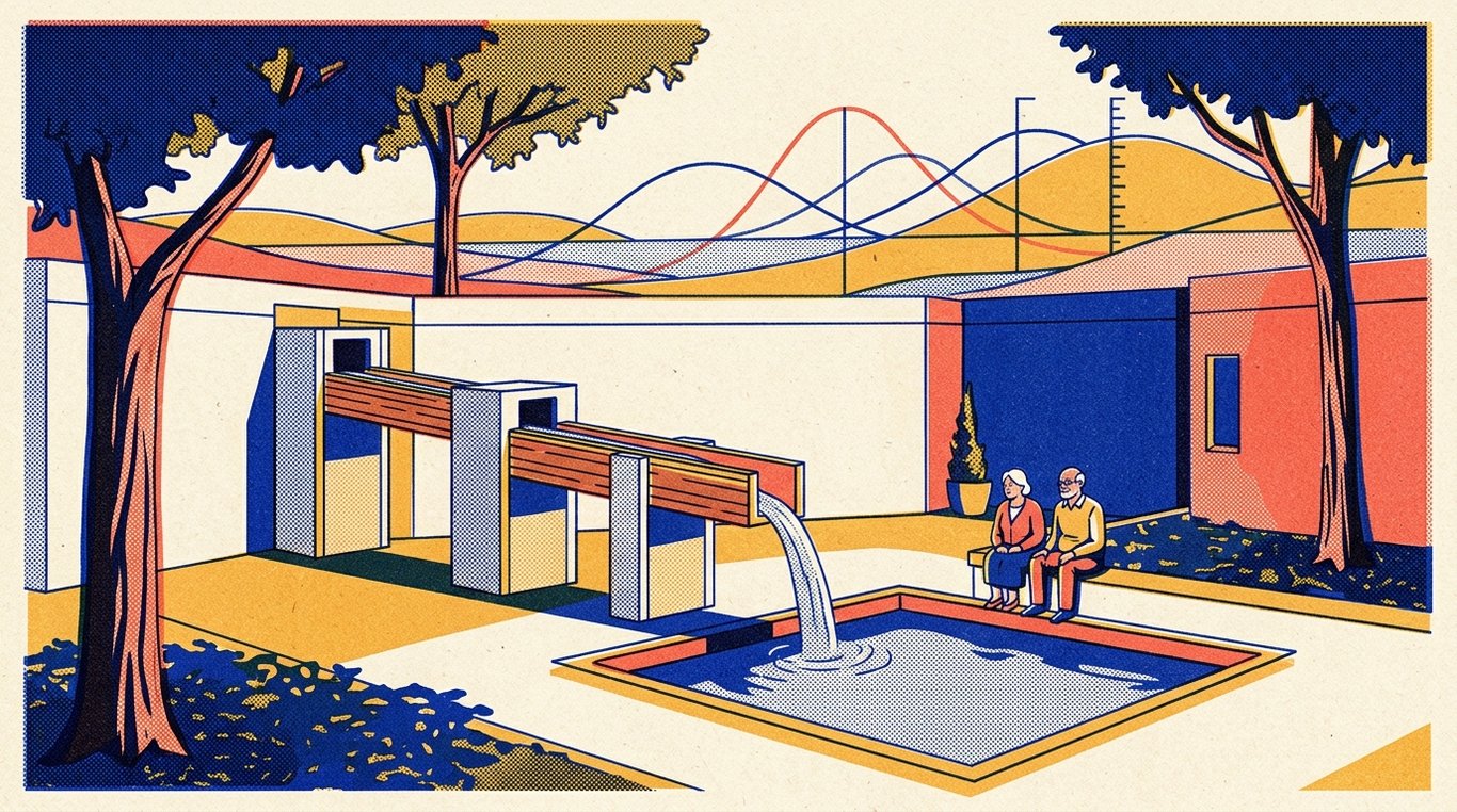 Contemporary risograph editorial illustration of serene architectural courtyard with sturdy shade trees and a rhythmic, reliable monthly pension aqueduct filling an elderly couple's personal reservoir for 'How Senior Citizens Can Maximize Returns with RBI Bonds'
