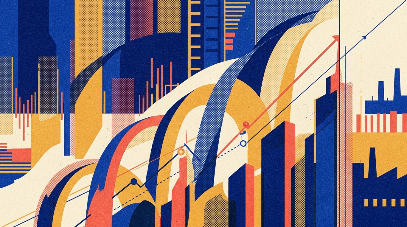 Contemporary risograph editorial illustration of ascending geometric trajectory arches and soaring enterprise silhouettes climbing alongside precision analytical drafting lines for 'How to Analyze a Bank Stock (NPA, NIM, and CASA Explained)'