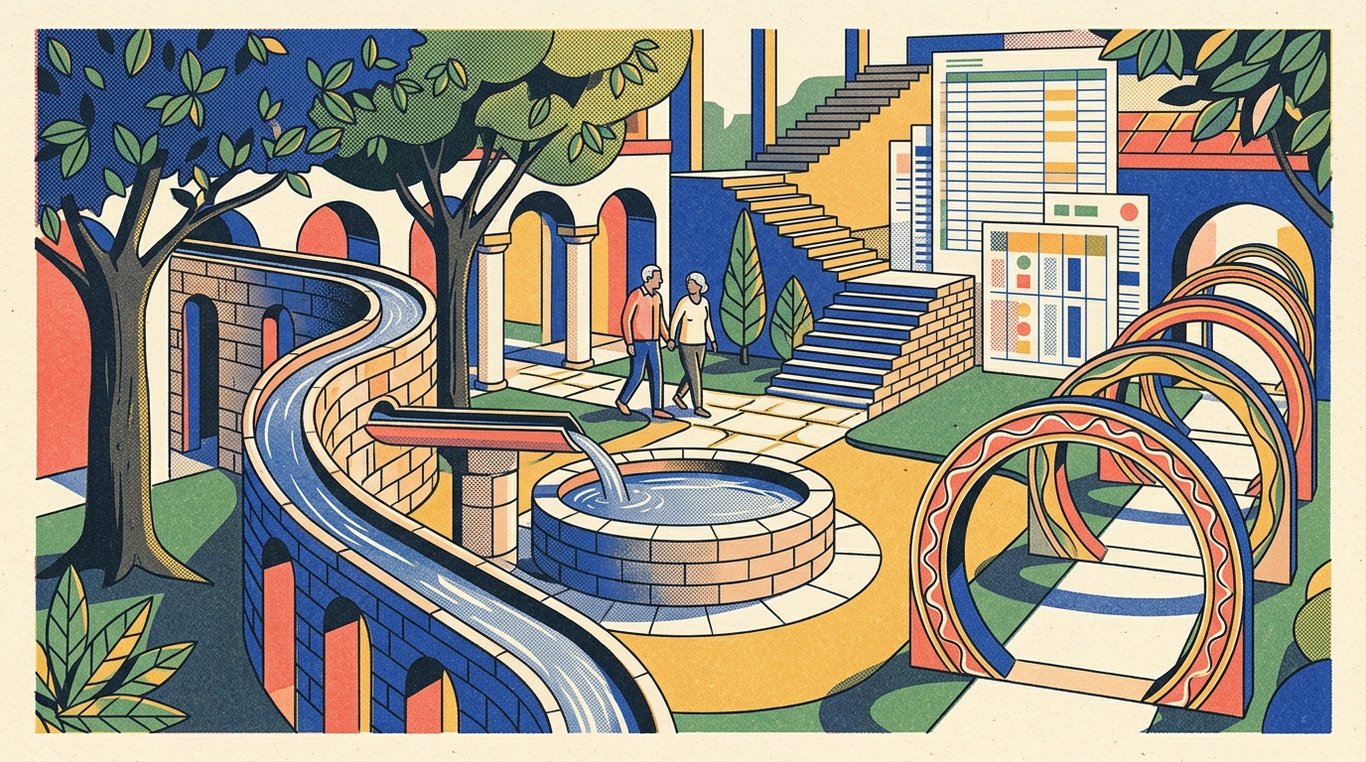 Contemporary risograph editorial illustration of serene architectural courtyard with sturdy shade trees and a rhythmic, reliable monthly pension aqueduct filling an elderly couple's personal reservoir for 'How to Build a ₹1 Crore Retirement Corpus from Scratch'