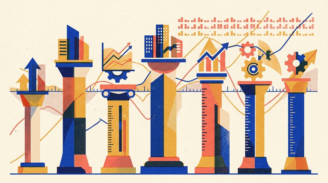 Contemporary risograph editorial illustration of harmonious architectural colonnade of balanced geometric pedestals and calibrated index rails supporting diverse enterprise sectors in equilibrium for 'How to Buy and Sell ETFs in India: A Step-by-Step Guide'