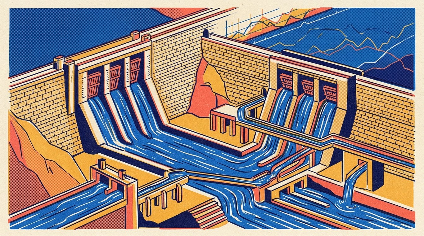 Contemporary risograph editorial illustration of monumental stone reservoir dam with calibrated sluice gates and industrial liquidity aqueducts channeling capital across fixed-income terrains for 'How to Buy Corporate Bonds Online in India'
