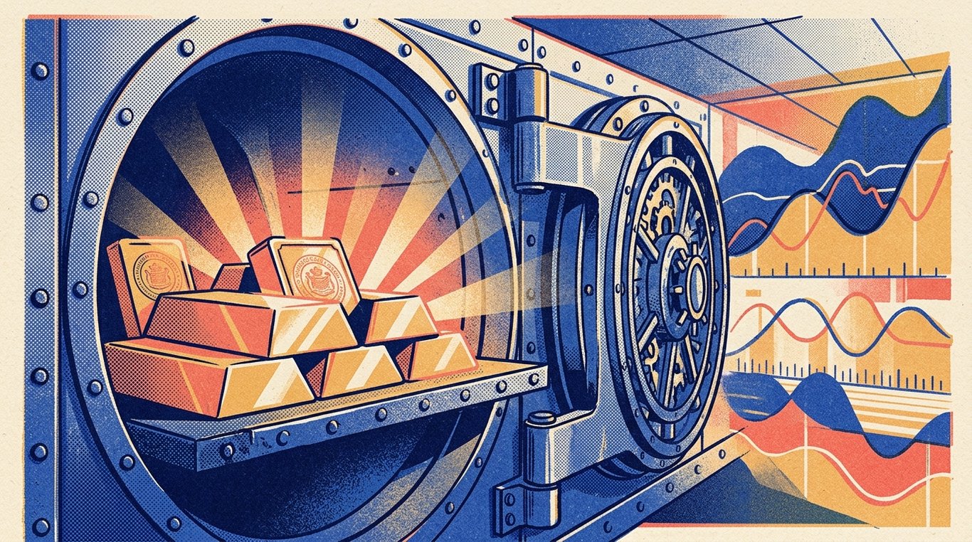Contemporary risograph editorial illustration of polished geometric bullion bars and sovereign seal ingots resting safely inside a reinforced bank vault safe, emitting warm luminescent financial security rays for 'How to Buy SGBs Online from Your Demat Account or Bank'
