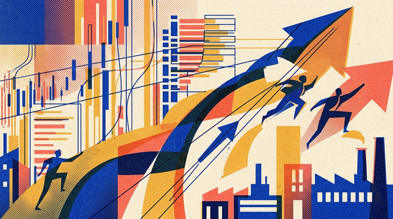 Contemporary risograph editorial illustration of ascending geometric trajectory arches and soaring enterprise silhouettes climbing alongside precision analytical drafting lines for 'How to Buy Your First Share in the Indian Stock Market'