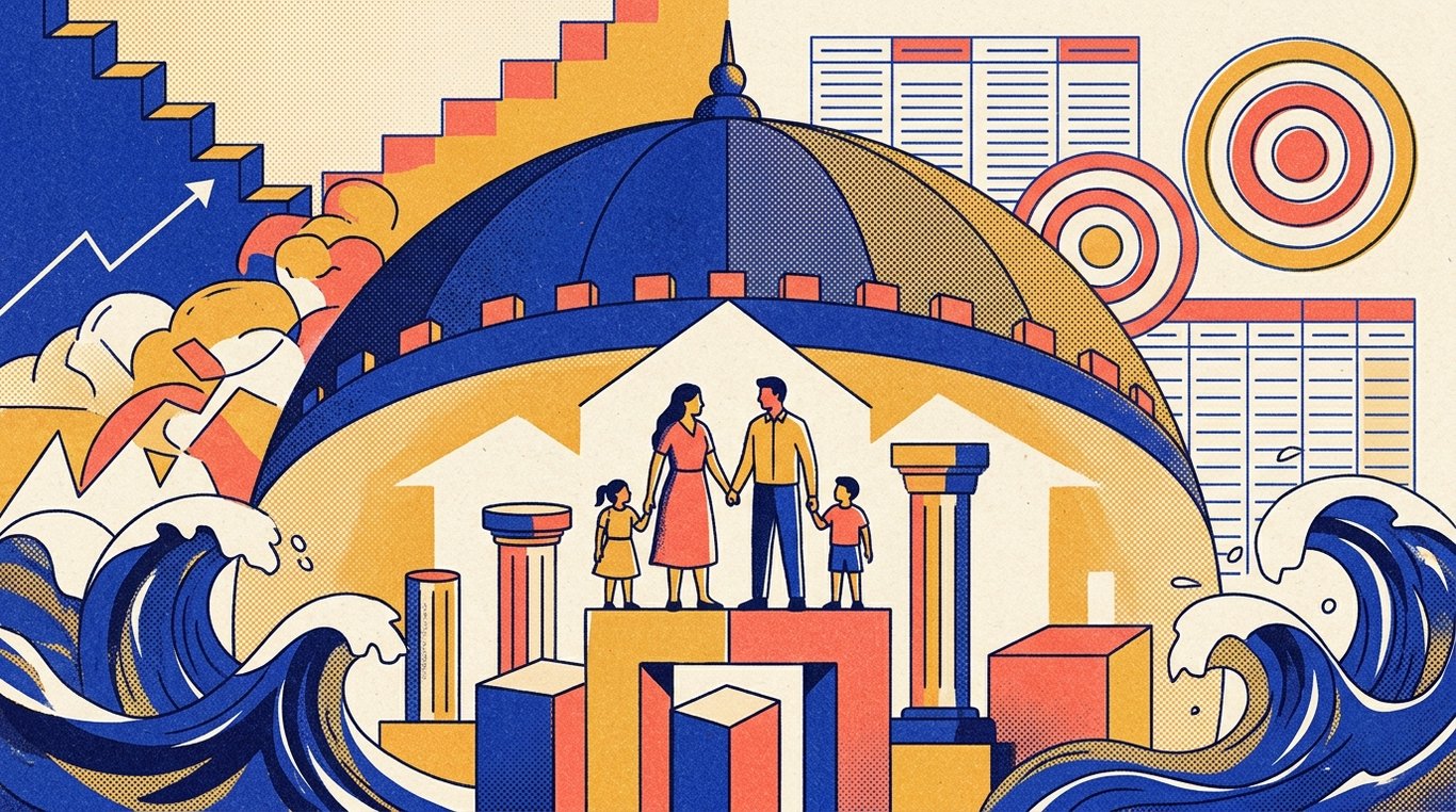 Contemporary risograph editorial illustration of imposing, fortified architectural dome shield sheltering a family sanctuary and financial foundation against storm waves and sudden external turbulence for 'How to Choose Family Health Insurance in India'