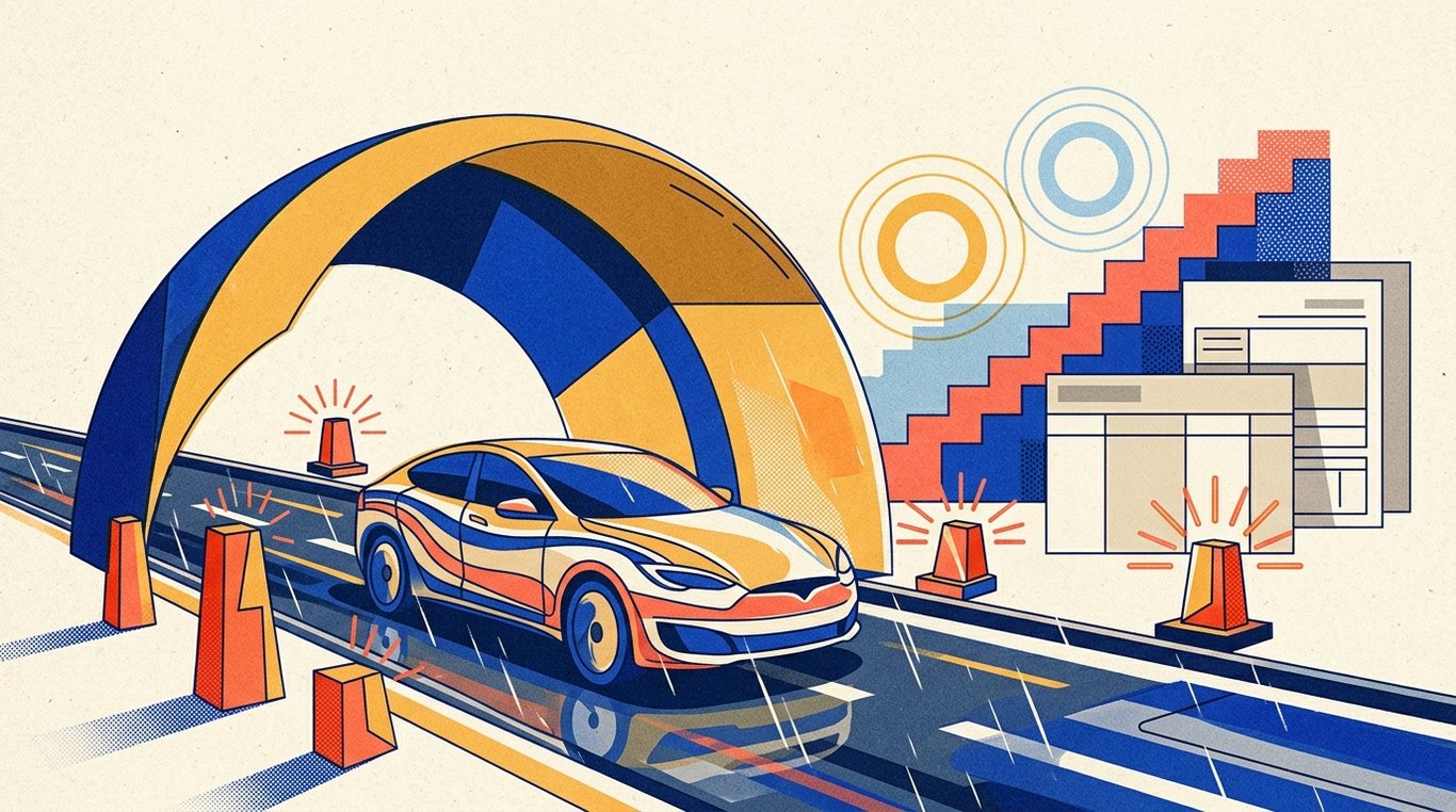 Contemporary risograph editorial illustration of stylized vehicle moving across a rain-swept highway protected beneath an expansive architectural safety shield canopy, surrounded by repair assistance beacons for 'How to Claim Car Insurance After an Accident in India'