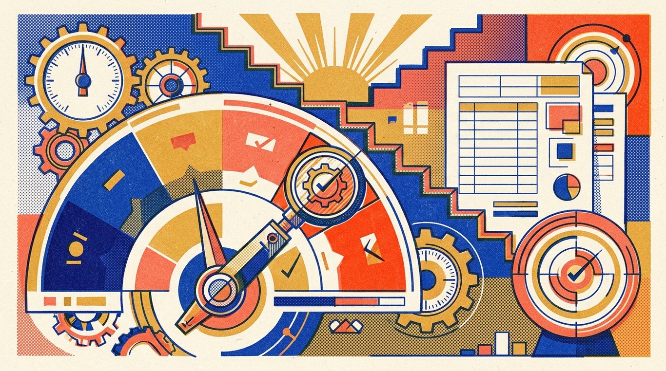 Contemporary risograph editorial illustration of stylized geometric credit score meter gauge with calibrated stability dials and clear verification magnifying instruments for 'How to Fix Errors in Your CIBIL Report'