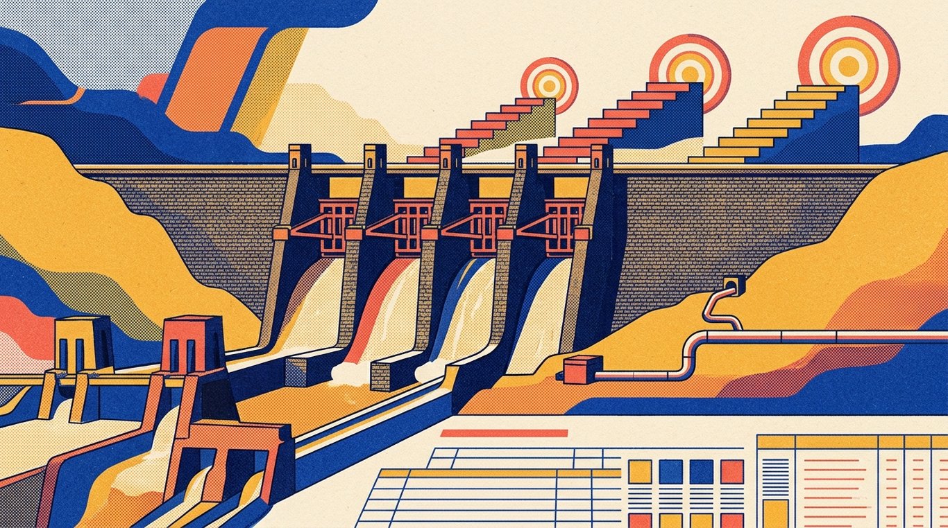 Contemporary risograph editorial illustration of monumental stone reservoir dam with calibrated sluice gates and industrial liquidity aqueducts channeling capital across fixed-income terrains for 'How to Get Out of a Debt Trap: The Avalanche vs Snowball Method'