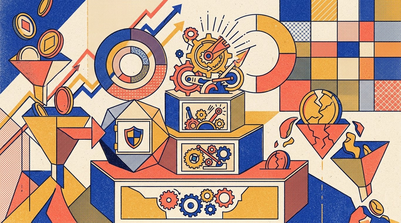 Contemporary risograph editorial illustration of three-tiered podium comparing distinct compounding wealth engines, with geometric tax funnels channeling savings into high-growth investment vaults for 'How to Invest in ELSS via SIP (And Why Lumpsum is a Bad Idea)'