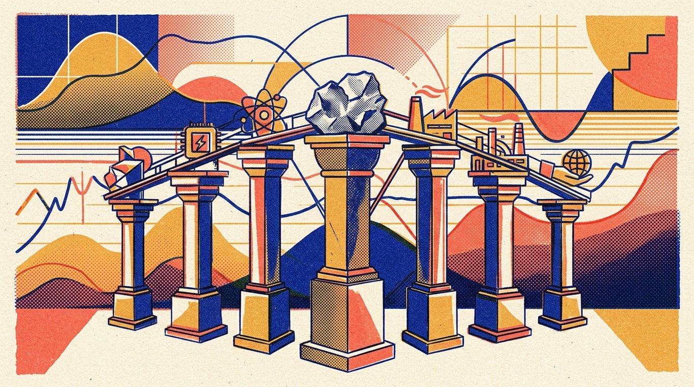 Contemporary risograph editorial illustration of harmonious architectural colonnade of balanced geometric pedestals and calibrated index rails supporting diverse enterprise sectors in equilibrium for 'How to Invest in Silver via ETFs in India'