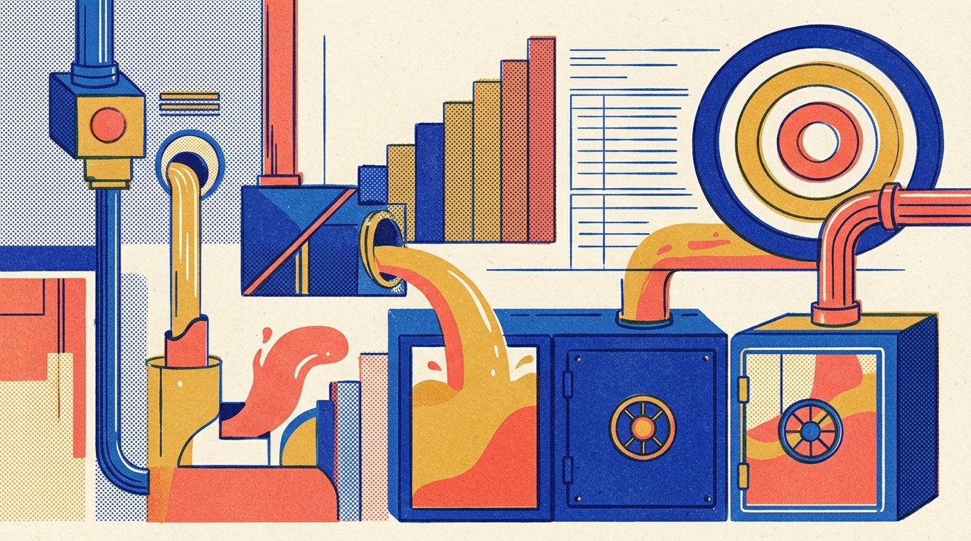 Contemporary risograph editorial illustration of structured financial workshop showing automated wealth conduits channeling income streams into fortified savings and compounding vaults for 'How to Link Your SIPs to Specific Life Goals'