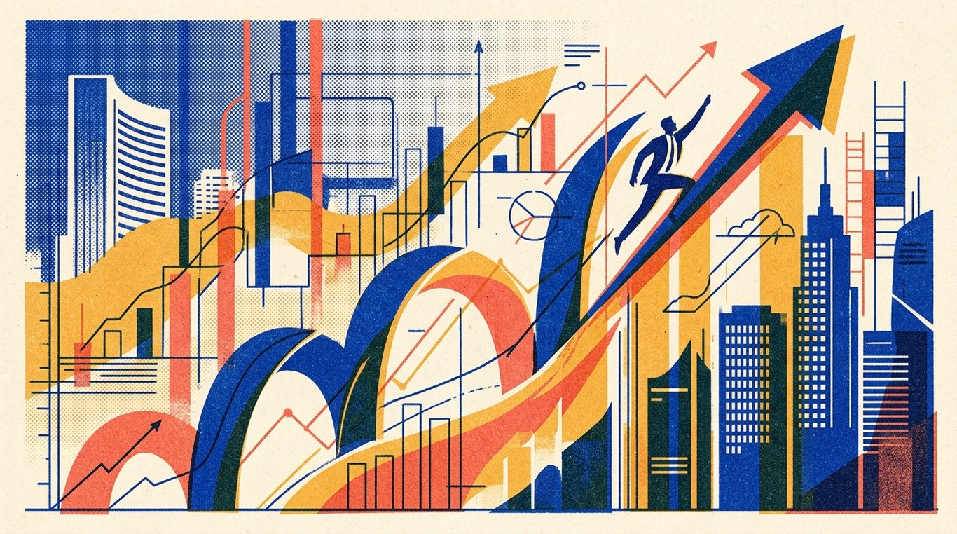 Contemporary risograph editorial illustration of ascending geometric trajectory arches and soaring enterprise silhouettes climbing alongside precision analytical drafting lines for 'How to Open a Demat Account: A Step-by-Step Guide'