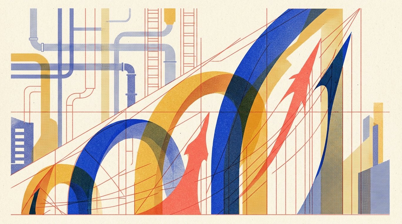 Contemporary risograph editorial illustration of ascending geometric trajectory arches and soaring enterprise silhouettes climbing alongside precision analytical drafting lines for 'How to Read a Balance Sheet: A 10-Minute Guide for Non-Finance People'