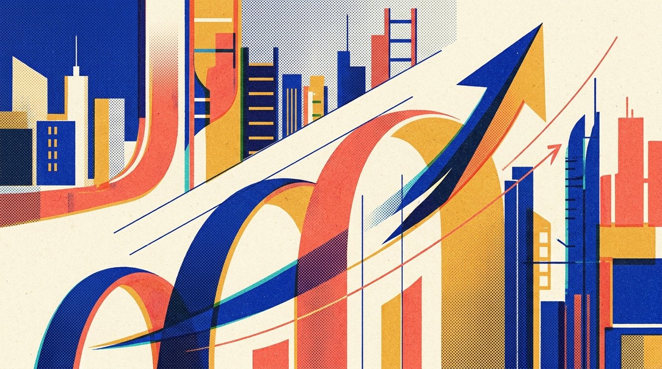 Contemporary risograph editorial illustration of ascending geometric trajectory arches and soaring enterprise silhouettes climbing alongside precision analytical drafting lines for 'How to Read a Contract Note from Your Stock Broker'