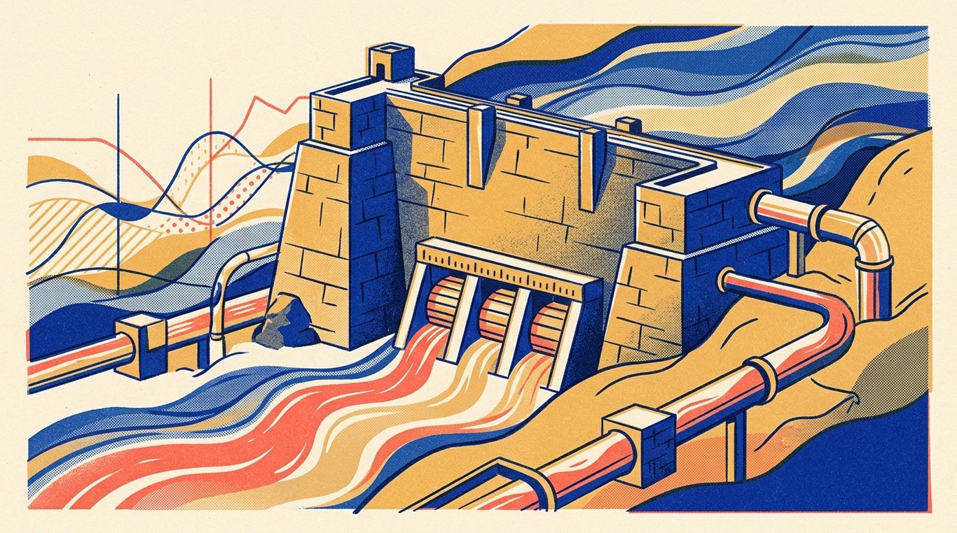 Contemporary risograph editorial illustration of monumental stone reservoir dam with calibrated sluice gates and industrial liquidity aqueducts channeling capital across fixed-income terrains for 'How to Read a Credit Rating for Corporate Bonds (CRISIL, ICRA)'